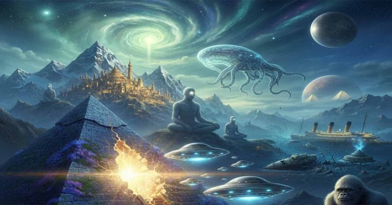 భూమిపైకి వస్తున్న గ్రహాంతరవాసుల ఓడ, దాని నేపథ్యంలో శంభల, కైలాస పర్వతాలు, మరియు ఆకాశంలో మెరుస్తున్న నక్షత్రాలు.