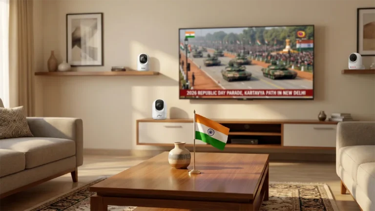 Smart security camera in an Indian home with Republic Day parade on TV background