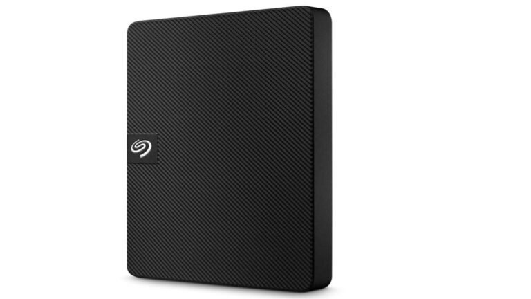 Seagate Expansion 2TB External Hard Drive on office desk for data backup