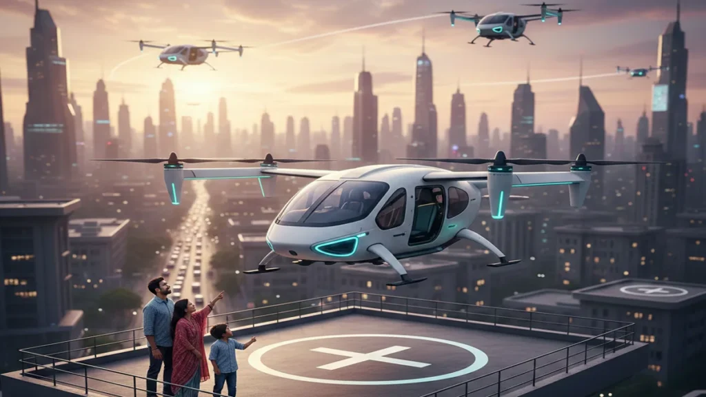 An Indian professional watching an Air Taxi Service in India landing on a rooftop.