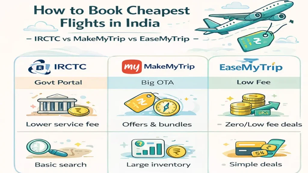Comparison of flight booking apps and websites in India showing a plane wing in the sky.