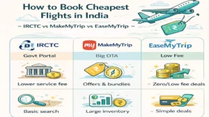 Comparison of flight booking apps and websites in India showing a plane wing in the sky.