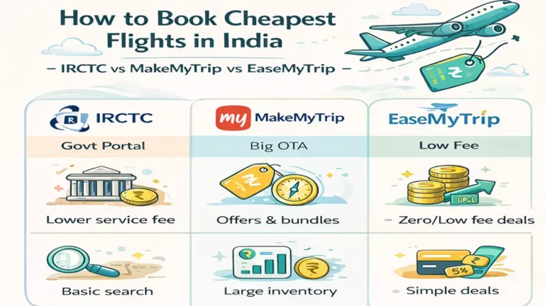 Comparison of flight booking apps and websites in India showing a plane wing in the sky.