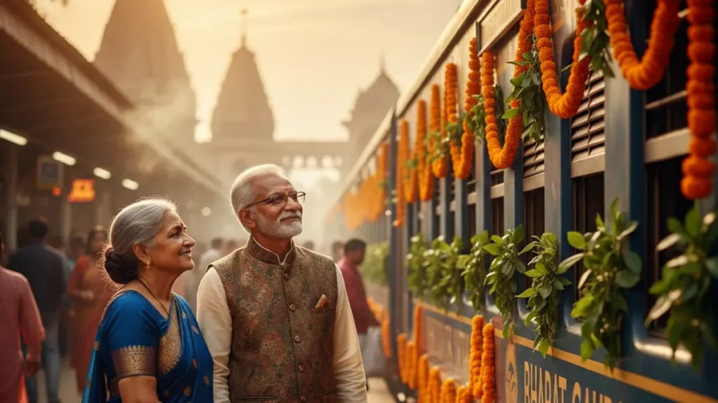 A happy elderly couple standing at the station ready for the Bharat Gaurav Yatra to Ayodhya and Kashi.