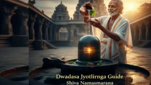 A devotee offering prayers to Lord Shiva Lingam with Bilva leaves representing Jyotirlinga worship.