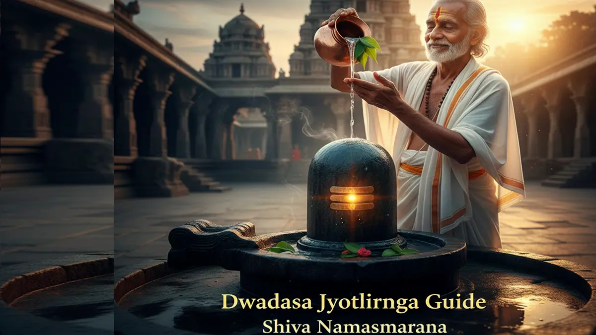A devotee offering prayers to Lord Shiva Lingam with Bilva leaves representing Jyotirlinga worship.