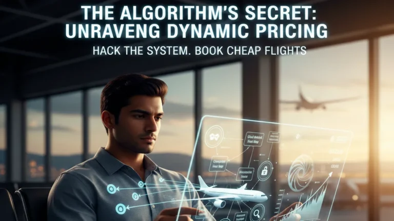 Dynamic Pricing Telugu. A conceptual image showing how artificial intelligence calculates flight ticket prices based on global demand and supply data.