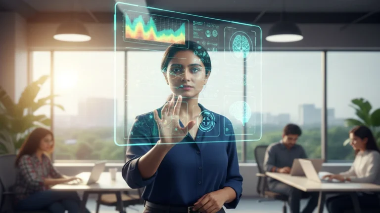 A high-tech digital map of India showcasing AI innovations in healthcare, agriculture, and education sectors.