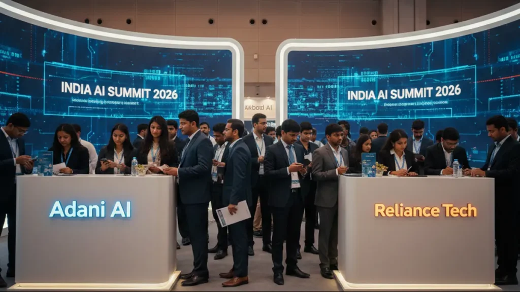 Indian tech graduates submitting resumes at Reliance and Adani AI counters in Delhi.