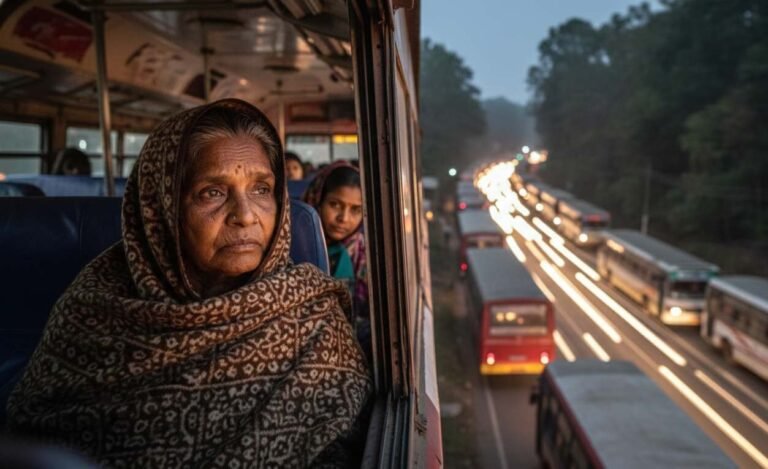 A tired devotee waiting in a TSRTC bus during a massive Medaram Traffic Jam at night in the forest.