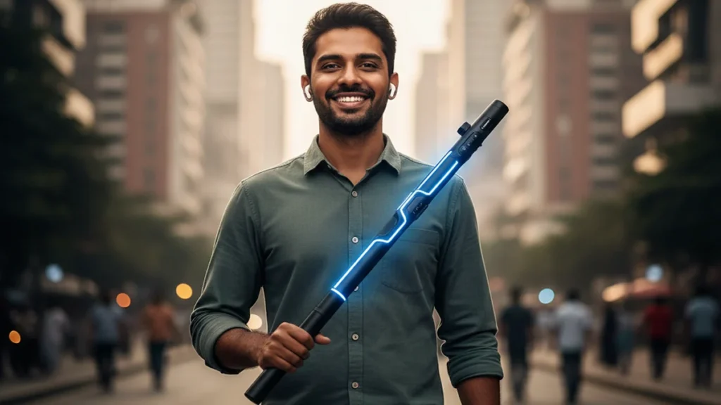 A visually impaired person walking confidently using a glowing AI smart stick in a busy street.