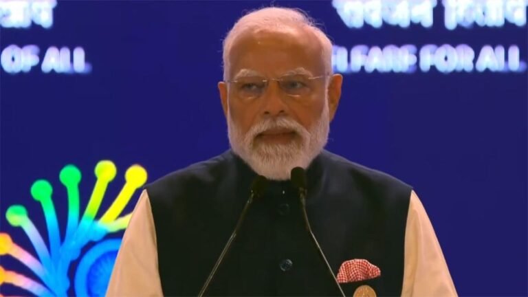 Prime Minister Narendra Modi giving a keynote speech at the India AI Impact Summit 2026 in Bharat Mandapam, New Delhi, focused on MANAV vision and ethical AI.