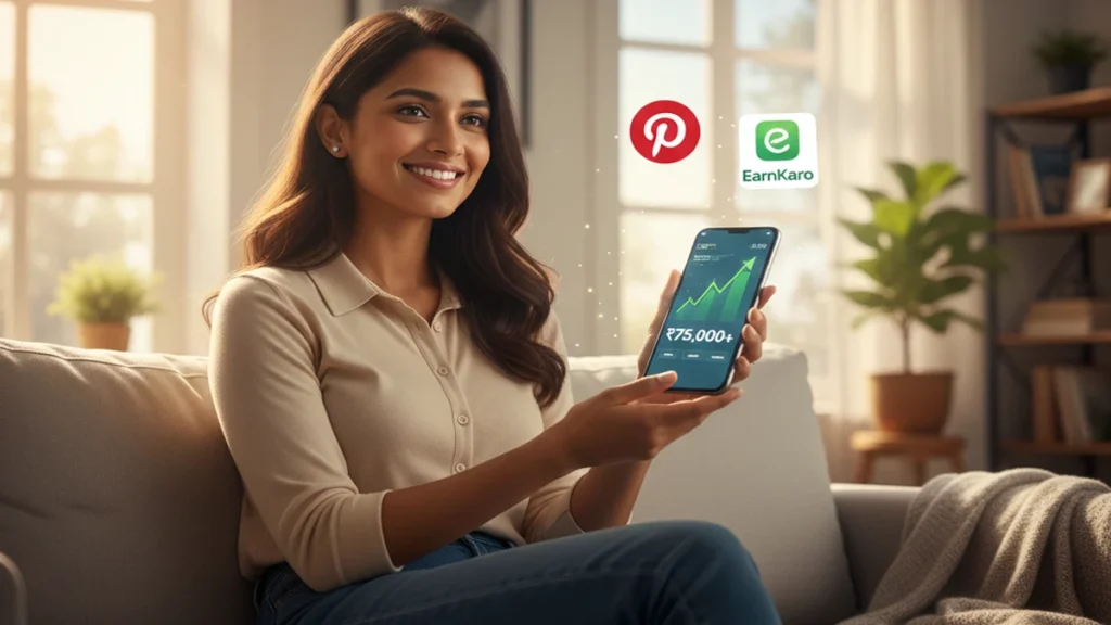 A woman earning money online using Pinterest on her mobile.