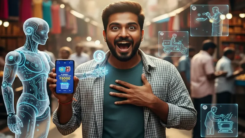 An Indian man feeling excited after receiving a job offer from an AI agent on his phone.