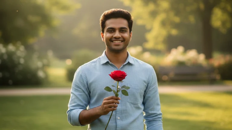 A young Indian man expressing love with a red rose for Valentine's Day Wishes.