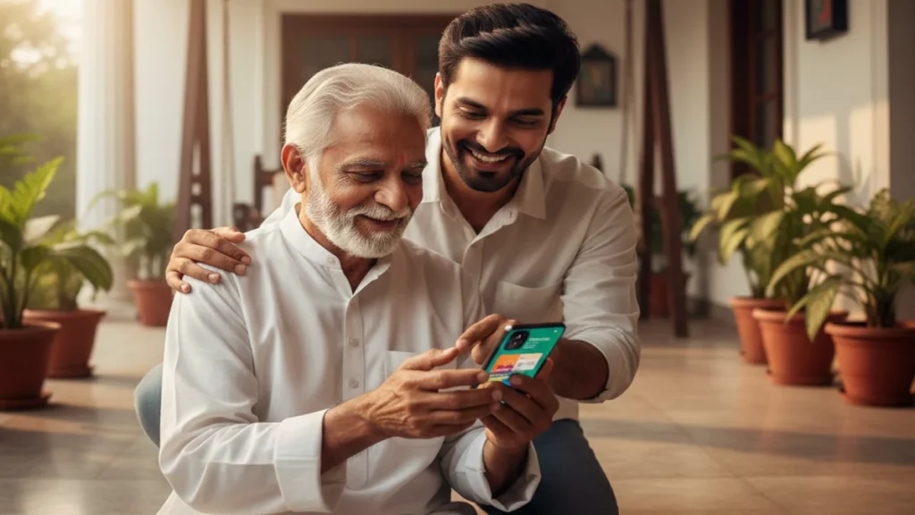 An Indian young man helping a senior citizen with Vayo Vandana scheme registration on a smartphone.