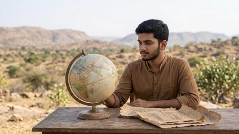 An Indian expert looking at a globe and astrological charts in natural daylight, emphasizing analytical realism and future intelligence.