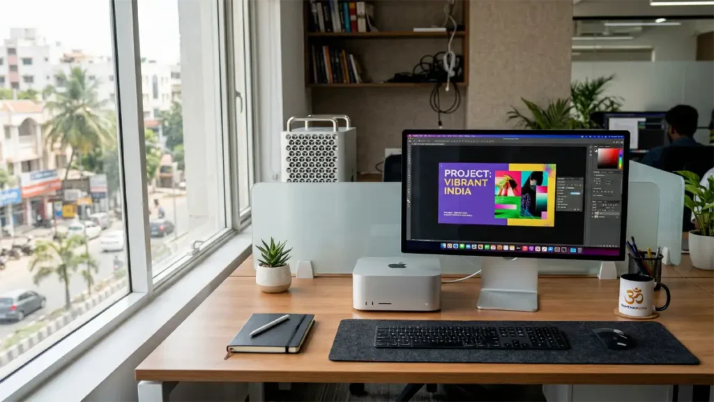 A sleek Apple Mac Studio on a modern workspace desk with a blurred Mac Pro in background రామ్తామీడియా