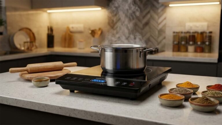 Cadlec CookMate 2000W Induction Cooktop with Crystal Glass Black color displayed in a modern Indian kitchen