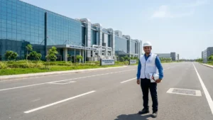 Futuristic layout of Dholera smart city with solar panels and industrial hubs ధోలేరా స్మార్ట్ సిటీ భవిష్యత్తు దృశ్యం రామ్తామీడియా.