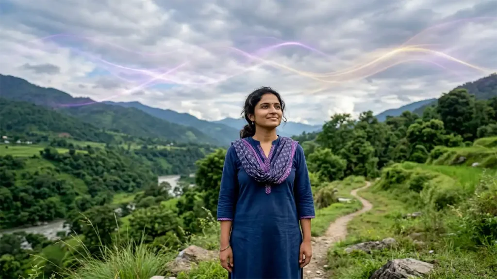 An Indian spiritual seeker experiencing light energy during the frequency shift in a natural landscape రామ్తామీడియా
