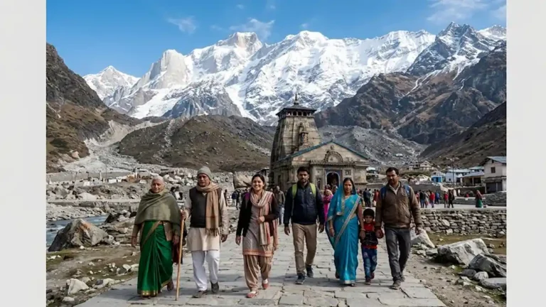 A group of Indian pilgrims standing in front of the scenic Kedarnath temple with Himalayan peaks in the background - చార్ ధామ్ యాత్ర రామ్తామీడియా.