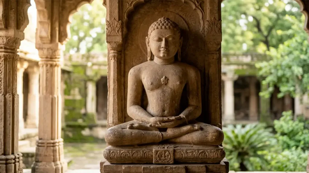 Lord Mahavira serene statue representing peace and non-violence in Telugu వర్ధమాన మహావీరుడి విగ్రహం రామ్తామీడియా