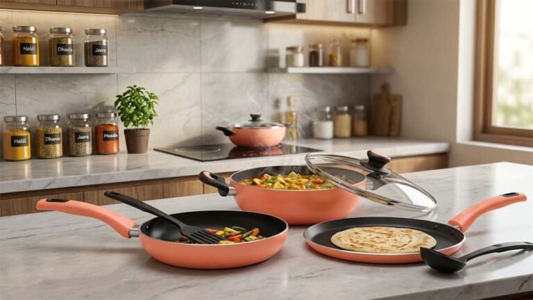 Milton Pro Cook Induction Cookware & Gas Stove Friendly Kitchen Jewel Set in Peach color arranged on a modern Indian kitchen counter.