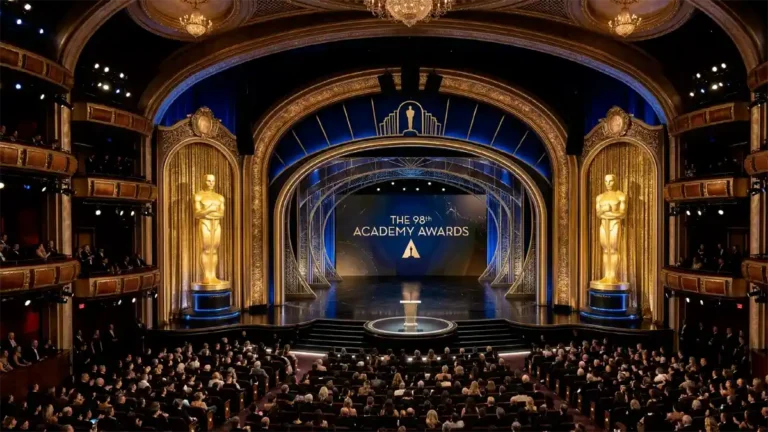 The exterior of Dolby Theatre in Los Angeles decorated for the 98th Academy Awards in 2026.
