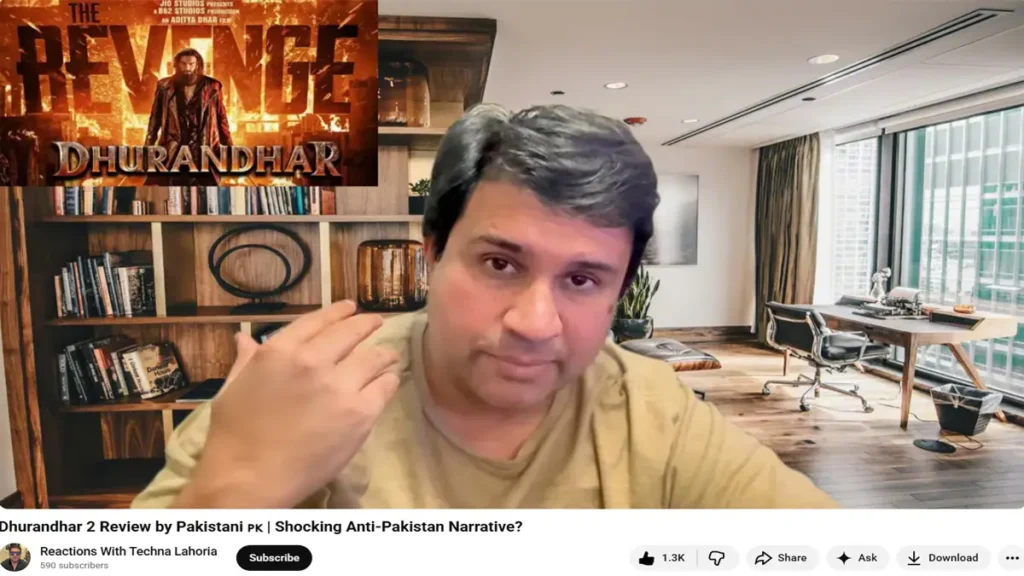 A high-intensity combat scene featuring Ranveer Singh in the movie Dhurandhar 2, juxtaposed with an analytical perspective from a Pakistani viewer.