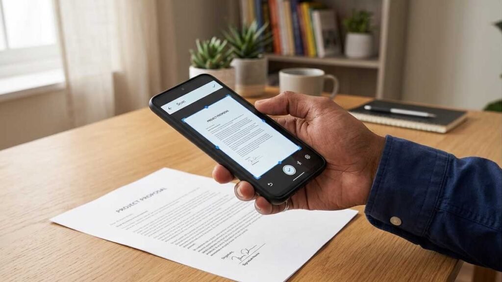 A person holding a smartphone over a white document on a wooden table, showing a clean scan on the screen without shadows.
