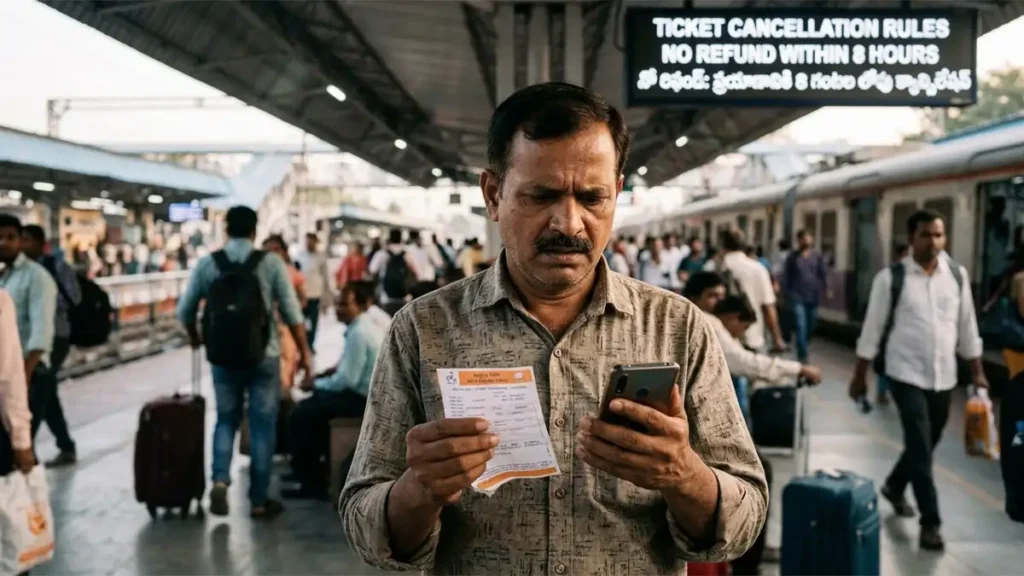 A stressed Indian railway passenger holding a confirmed ticket and looking at a 'No Refund' sign at a station.
