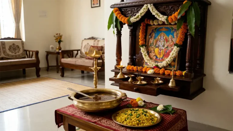 A photorealistic image of a traditional Indian family celebrating Sri Rama Navami with Panakam and Vadapappu.