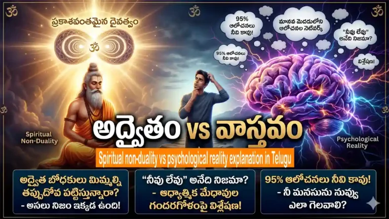 A detailed visual showing the contrast between high-level spiritual concepts of non-duality and the practical psychological reality of human existence.