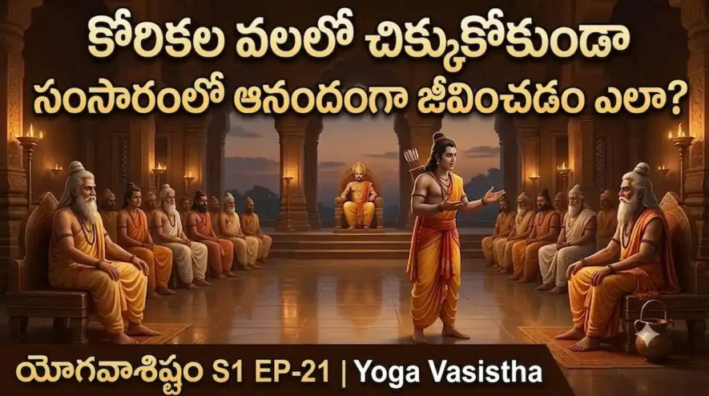 శ్రీరాముడు విశ్వామిత్రునికి తన వైరాగ్యాన్ని వివరిస్తున్న దృశ్యం / యోగవాశిష్టం: కోరికల వలలో చిక్కుకోకుండా జీవించే మార్గం అన్వేషణ.
