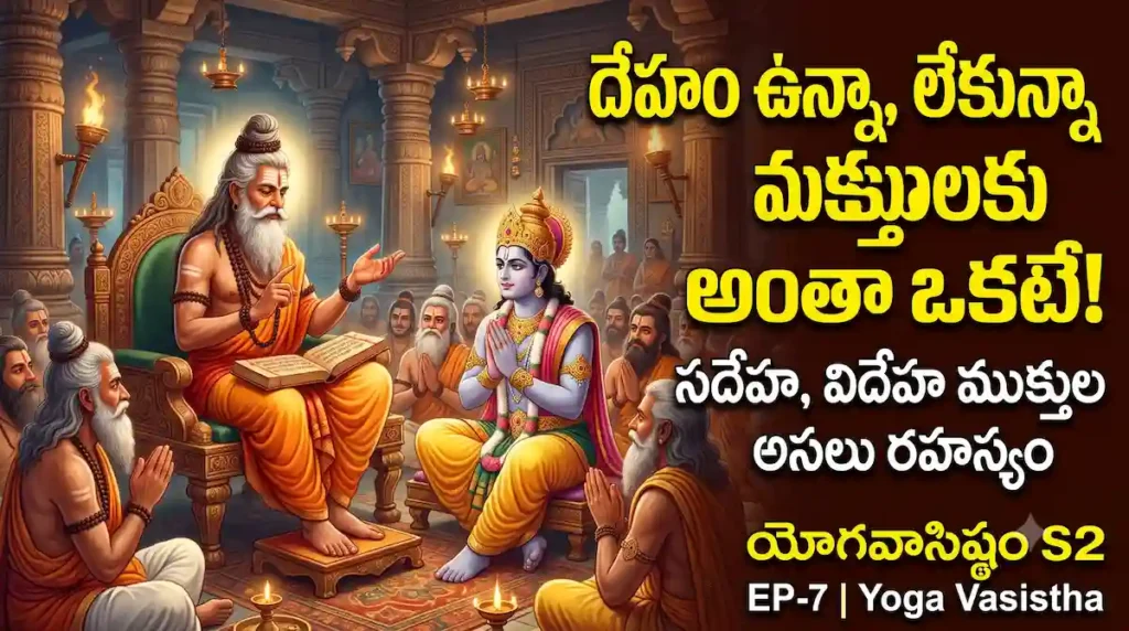 సభామండపంలో శ్రీరాముడికి ఆత్మజ్ఞానం బోధిస్తున్న వశిష్ఠ మహర్షి - యోగవాసిష్ఠం ముముక్షు వ్యవహార ప్రకరణం.