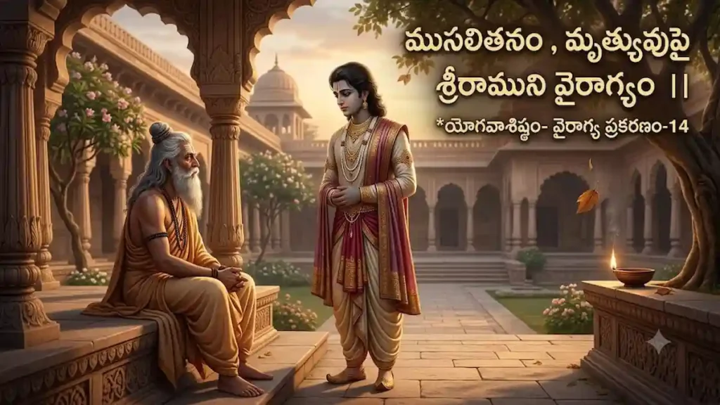 ముసలితనం మరియు మృత్యువు గురించి వశిష్ఠునితో చర్చిస్తున్న శ్రీరాముడు థంబ్‌నెయిల్ టెక్స్ట్
