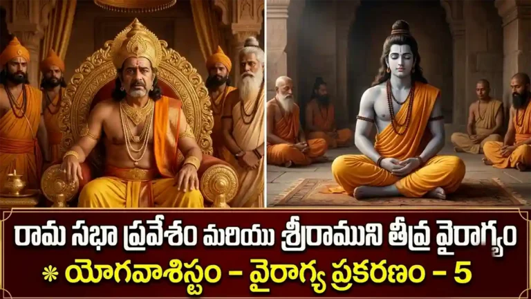 అయోధ్య సభలో నేలపై కూర్చున్న వైరాగ్య మూర్తి శ్రీరాముడు మరియు ఆందోళనగా చూస్తున్న దశరథ మహారాజు