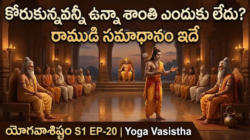 రాముడు విశ్వామిత్ర మహర్షి, వశిష్ఠ మహర్షి ఎదుట వేడుకుంటున్న దృశ్యం — యోగవాశిష్టం పదార్థ దోషముల బోధ