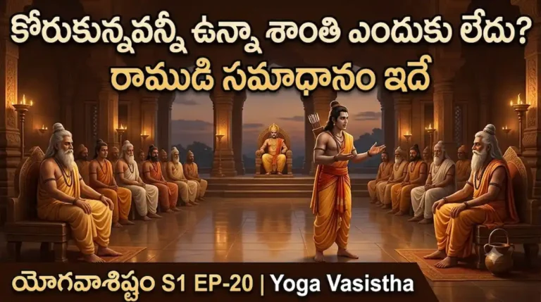 రాముడు విశ్వామిత్ర మహర్షి, వశిష్ఠ మహర్షి ఎదుట వేడుకుంటున్న దృశ్యం — యోగవాశిష్టం పదార్థ దోషముల బోధ