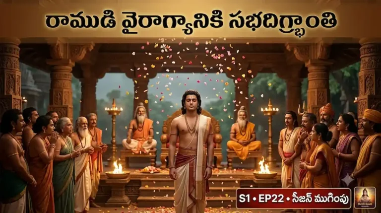 రాముడు మౌనం వహించగా సభ ఆశ్చర్యంతో చూస్తున్న దృశ్యం, పూలరెక్కలు రాలుతున్నాయి — యోగవాశిష్టం వైరాగ్య ప్రకరణం ముగింపు