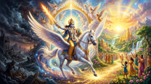 Divine figure on winged horse with flaming sword bridging dark ruins to a luminous city with joyful people