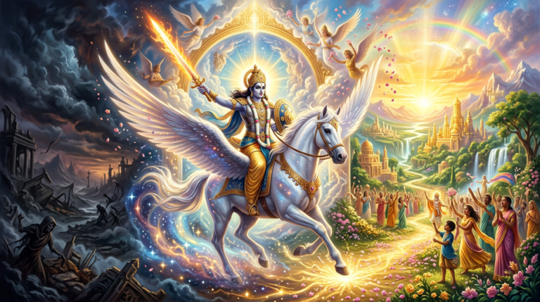 Divine figure on winged horse with flaming sword bridging dark ruins to a luminous city with joyful people