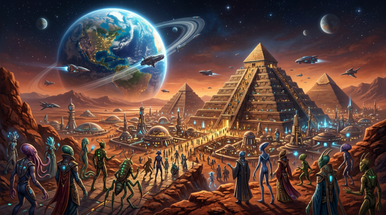 Alien figures and futuristic pyramids in a sprawling city on an alien planet with Earth visible in space