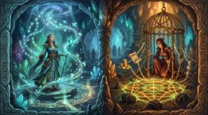 Left side shows a female mage channeling glowing magical runes and symbols; right side shows a woman trapped in a golden cage surrounded by glowing symbols and chains