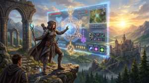 Armored mage using a magical holographic game interface with quests, inventory, and spells over a mountainous landscape