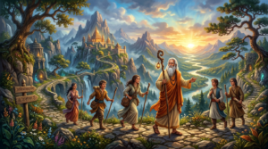 Elder with staff leading five young travelers on a rocky mountain path toward a castle at sunrise.