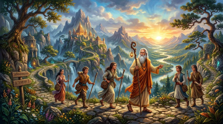 Elder with staff leading five young travelers on a rocky mountain path toward a castle at sunrise.