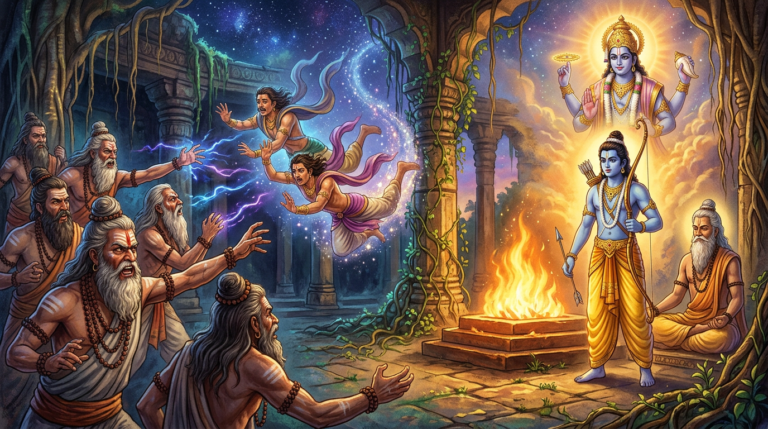 A group of sages casting magical energy at two ethereal beings flying, while a blue-skinned warrior stands near a fire with a glowing deity above.