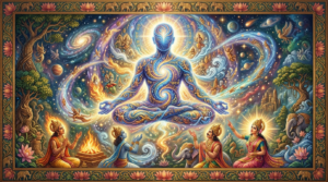 Cosmic meditating figure with swirling galaxies and four worshipping deities